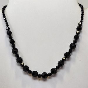 Black Faceted Glass Bead Strand Necklace Costume Jewelry Sterling 925 Clasp